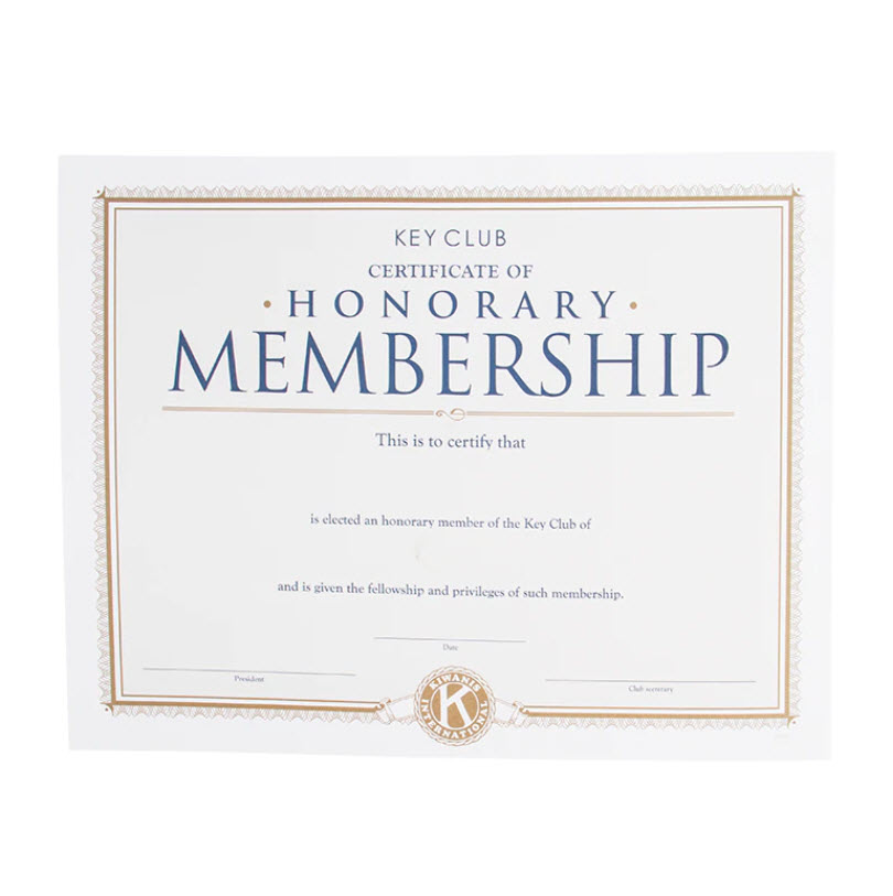 Key Club Honorary Membership Certificate Kiwanis Family Products